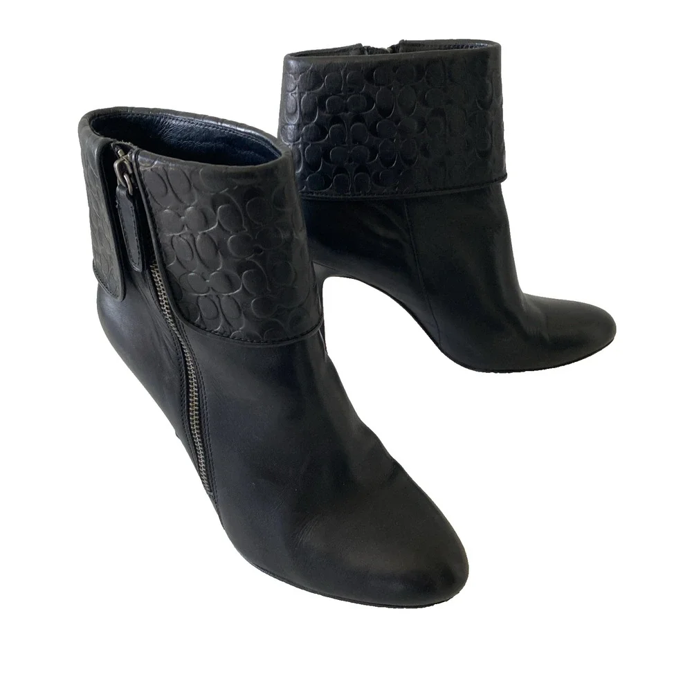 Coach Mackenna Black Leather Slim Heel Ankle Bootie Boot Round Toe Side Zip 9.5